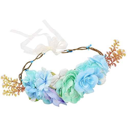 Didder Flower Crown Boho Flower Headband, Blue Flower Crowns for Women Bride Wedding Flower Headbands for Women Girls with Adjustable Ribbon Flower Girl Headpiece for Bridesmaid Party Prom Gift