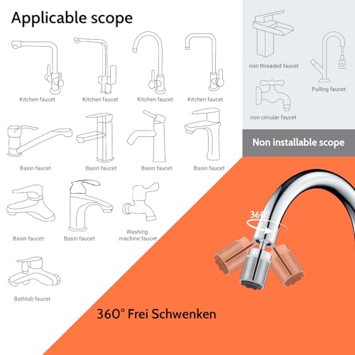 HUAERSICO Wasserhahn aufsatz Universal mit Drei Strahlarten - Wasserhahn aufsatz schwenkbar mit Sechs Wasserhahnadapter, Für Küche und Bad