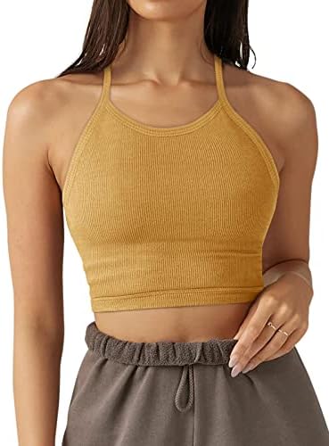 LASLULU Workout Sports Bra for Women Cropped Tank Tops Going Out Tops Halter Crop Tops Cami Bra Athletic Tops(Yellow Medium)
