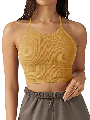 Laslulu Workout Sports Bra For Women Cropped Tank Tops Going Out Tops Halter Crop Tops Cami Bra Athletic Tops(Yellow Medium) #TOP3