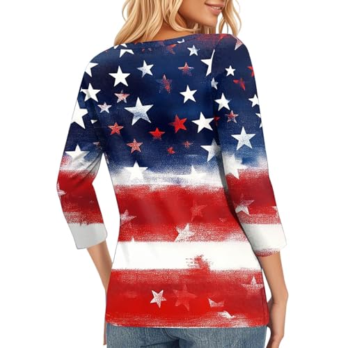 Image of 4th of July Shirts Women 3 /4 Length Sleeve Womens Tops Henley Neck Casual Patriotic T Shirts