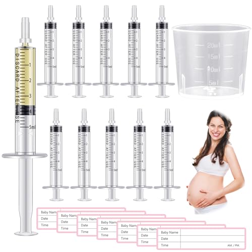 TrelaCo 100 Set Colostrum Collector Kit Include 100 Sterile Sealed Breast Milk Collector No Needle Colostrum Syringes 100 Stickers 1 Measuring Cup Colostrum Collection for Breastmilk (Clear,5 ml)