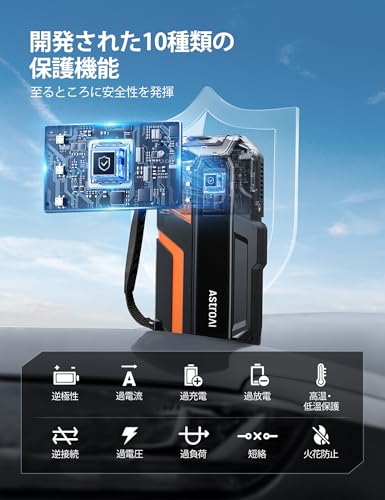 AstroAI M12 ジャンプスターター 1034kPaエアーコンプレッサー付 12000mAh 4000Aピーク電流 車用エンジンスターター（ガソリン全排気量車・最大10.0Lディーゼル車対応） 自動停止機能付タイヤインフレーター 12V 車緊急始動 10種類の安全保護 モバイルバッテリー LED緊急ライト PSE認証済 USB-C付き