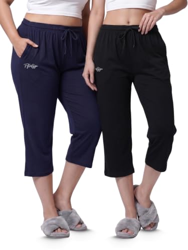 Image of Fflirtygo Women's Cotton Plain Calf Length Capri | Nightwear Short Pyjama | 3 /4th Solid Pyjama Pant | Regular Fit Casual & Lounge Wear Capri Combo (Pack of 2)
