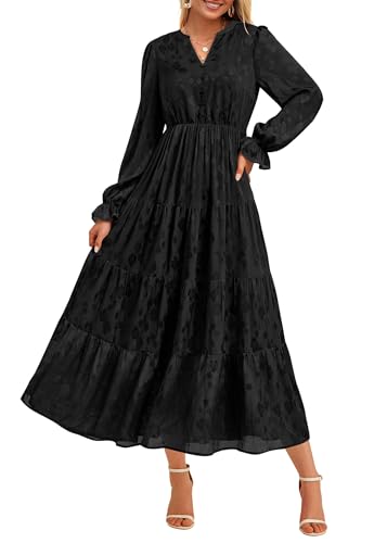 Image of KIRUNDO Spring Wedding Guest Dresses for Women 2026 Maxi Floral Long Sleeve Elegant Ruffle Tiered Flowy Party Long Dress