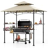 Tangkula 2,3 x 1,5 m Grillpavillon, 2-stöckiger Grillpavillon mit 2 Regalen, 20 Haken zum Aufhängen, Flaschenöffner & Aufbewahrungskorb, Outdoor-Grillüberdachung für Hinterhof, Garten, Pool (Beige)