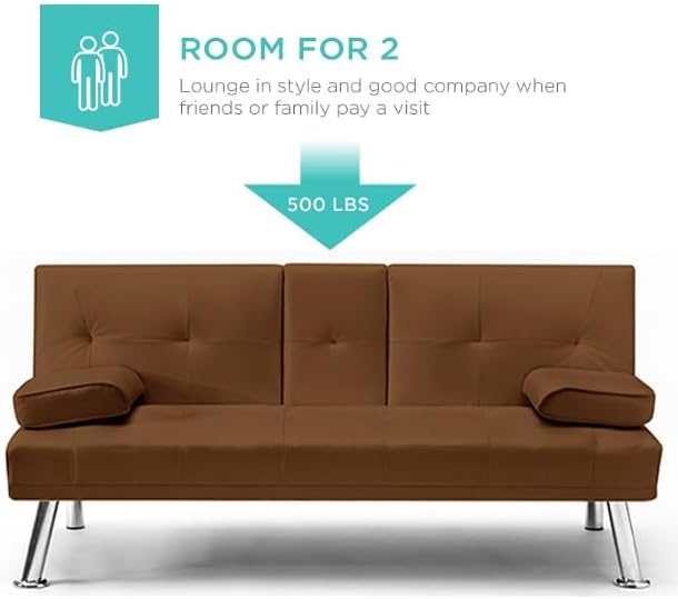 Miniatura 7 de Sofá cama tipo futón moderno de 66.5 pulgadas con patas de metal2 portavasos, sofá biplaza tapizado plegable convertible, asiento de espuma