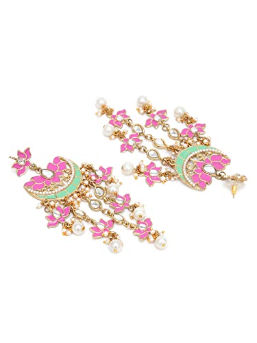 Karatcart Gold Plated Pink Meena Lotus Design Kundan Dangler Earrings for Women - Image 6