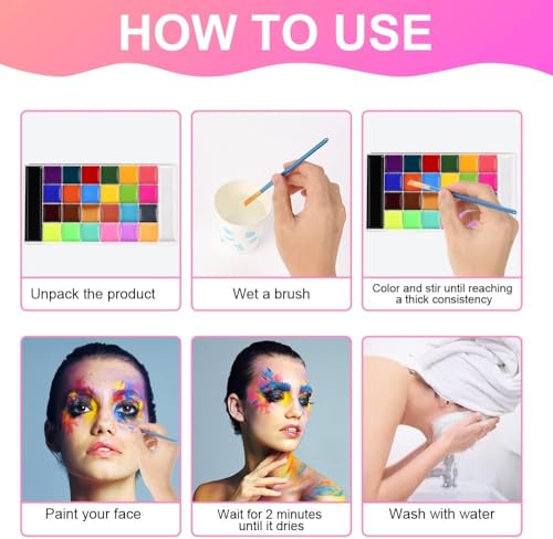 Image of Store2508 Face Body Paint, 26 Colours Palette with 10 Brushes 30 Stencils, Safe Non-Toxic Washable Oil Based Body Paint