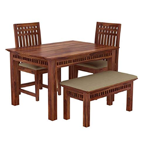 Image of Sheesham Wood 4 Seater Dining Table Set with Chair | Dining Table Set | Wooden 4 Seater Dining Table | with 2 Chairs 1 Bench | Dining Room Furniture Set | Maple Finish