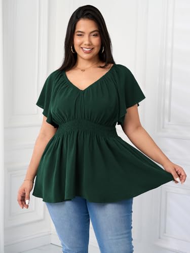 Womens Plus Size Tops V Neck Short Sleeve Blouse Babydoll Ruffle Peplum Smocked Dressy Casual Summer Top2