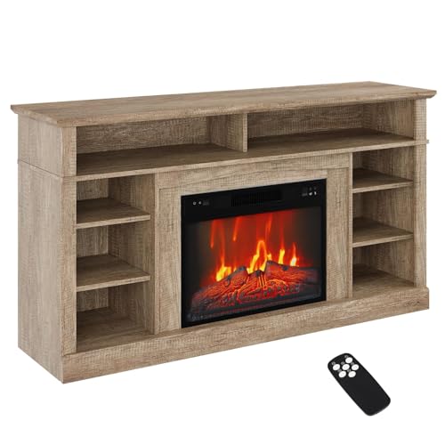 PrecisionAuto Fireplace TV Stand 58", Modern Farmhouse Wood Entertainment Center with 23" Electric Fireplace, Open Storage Shelves, TV Console for Living Room or Bedroom, Natural Wood Finish