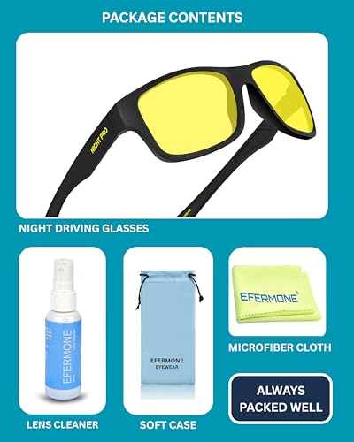 Image of EFERMONE Night Driving Glasses with Cleaning Kit, Yellow Polarized Lens, UV400, Anti-Glare Glasses for Riding Bike and Car