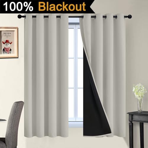 Image of Yakamok Cream Beige 100% Blackout Curtains 63 Inches Long 52 inch Wide 2 Panels | Blackout Curtain Panels for Bedroom, 2 Thick Layers Grommet Top Thermal Insulated Drapes with Black Liner for Living Room
