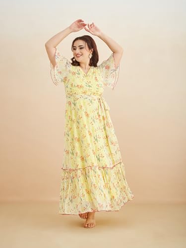 Image of Miss Chase A+ Women's Bohemian V-Neck Flutter Sleeve Chiffon Relaxed Fit Wrap Maxi Dress