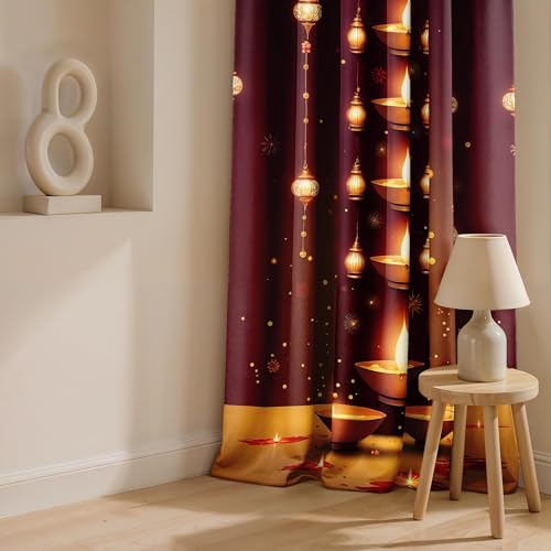 Image of Ultimate Trends Festival Themed Light Filtering Polyester Curtain Diya, Lantern, Lotus & Fireworks Print | Ideal for Diwali, Pooja Room, Living Room Dcor | Eyelets|, 9 FEET (Pack of 1)