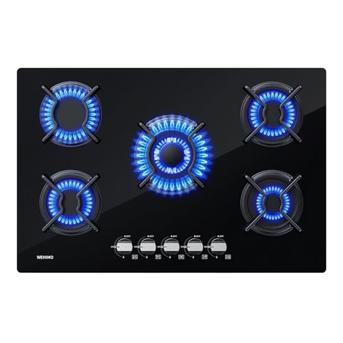 Wehimo - Placa de cocina de gas de 5 fuegos, placa de gas de 5 fuegos empotrable, mesa de cocción 60 cm, rejilla hierro fundido, 10500 W, cristal negro
