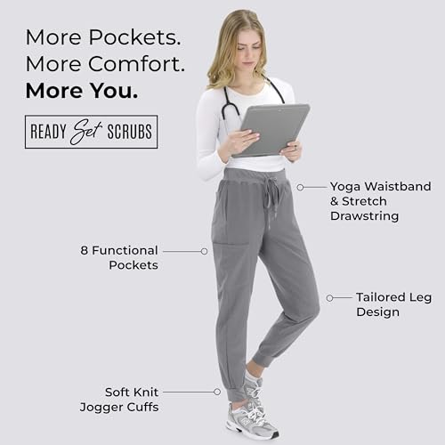 Image of READY SET SCRUBS - Scrub Pants for Women - 2 Pack - Cargo Jogger Pants Set with 8 Pockets - Yoga Waistband - Soft & Stretchy