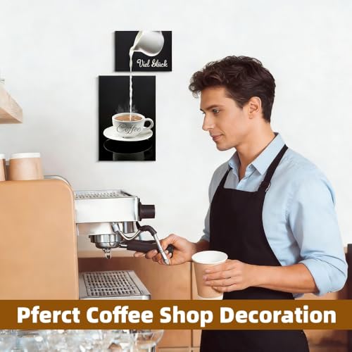 Ulluthu 2 Stück Kaffee Wandschild Wanddeko, Poster Kaffee Bilder, Modern Küche Wandbilder Kaffee Bar Wanddeko Leinwand Bilder Schwarz Kaffeetasse Wandbild für Café Bar Küche Restaurant Hause Deko
