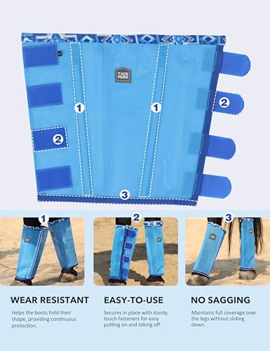 Tackmore Horse Fly Boots with Patterned Fleece Trim, Reduce Rubbing Fly Boots for Horses Set of 4 Summer Protective Leg Boots - Cool Blue L - Thumbnail 3