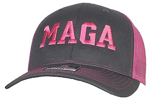 Tropic Hats Adult Embroidered Trump MAGA 6 Panel Trucker Cap W/Snapback - Charcoal Gray/Neon Pink