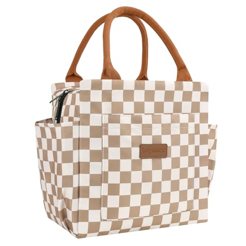 Joymee Lunch Bag Women Insulated Lunch Box Reusable Leakproof Large Spacious Cooler Tote for Women Men Adult with Bottle Holder and Side Pockets for Work Office Travel Picnic - Checker Brown