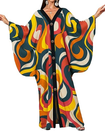 Bsubseach Kaftan Dresses for Women V-Neck Beach Coverup Batwing Sleeves Swimsuit Cover Up Button Down Loungewear Orange