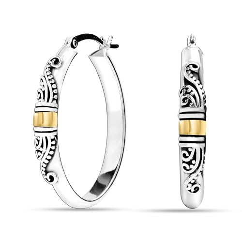 LeCalla 925 Sterling Silver Bali-Style Hoop Earrings Lightweight Click-Top Italian Antique Earring Hoops for Women3