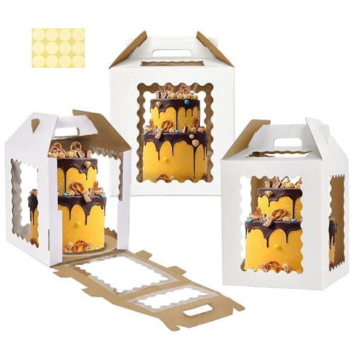 WINHPH 12inch Tall Cake Boxes 6 Windows with handle,12x12x12 Tiered Cake Box, Square cake carrier,largeTake Out Transport Containers Ideal for 10" & 12" Tiered Cakes (3Pack-White) by WINHPH - Used condition - US$15.63