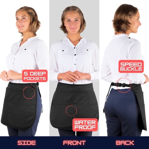 Supplymaid Waterproof Server's Apron With 5 Pockets & Speed Buckle Closure - Black Waitress Server Stain-Proof Bistro Bartender Work Apron For Pens, Notepads, Straws, Server Book, Bar Towel, Tips #TOP2