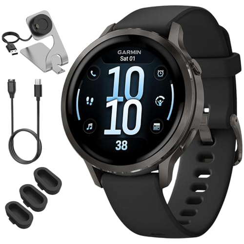 Garmin Venu 4 41 mm Health & Fitness GPS Smartwatch, Slate with Black Silicone Band 010-03013-02 Bundle with Deco Essentials Charging Dock, 3X Silicone Dust Cover and USB Type C Charging & Sync Cable