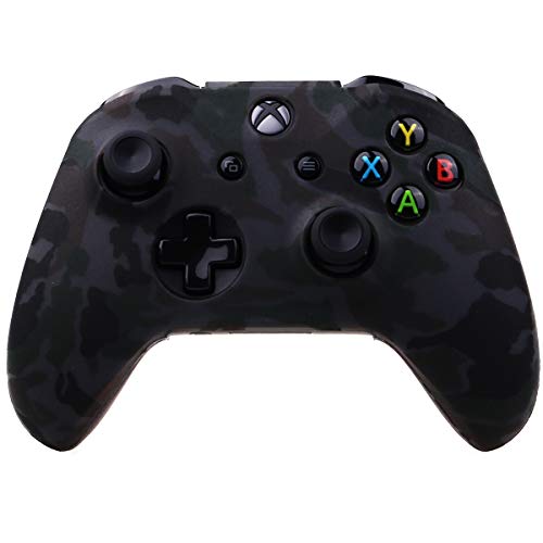 YoRHa Water Transfer Printing Camouflage Silicone Cover Skin Case for Microsoft Xbox One X & Xbox One S Controller x 1(Grey) with PRO Thumb Grips x 8
