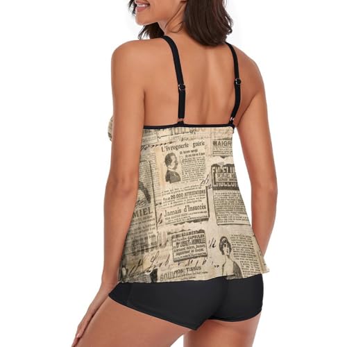 Maillot de bain tankini rétro avec short de garçon et robe de plage intégrée imprimé journal