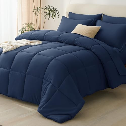 CozyLux Navy Blue Full Size Comforter Sets with Sheets - 7 Pieces Bed in a Bag, Full Size Bed Set Bedding Sets for All Season with Comforter, Flat Sheet, Fitted Sheet, Pillowcases & Pillow Shams