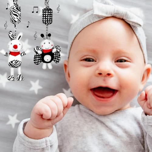 Image of Hanging Baby Toys Hanging Rattle Toys for Baby 3 6 9 to 12 Months Crib Car Seats Stroller Toys Plush Animal Squeaky Sensory Toys for Newborn, Dog, Rabbit, Bee, Owl (Pack of 4)