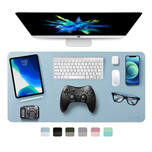 Dual-Sided Desk Pad Office Desk Mat, EMINTA Ultra Thin Waterproof PU Leather Mouse Pad Desk Blotter Protector, Desk Writing Mat for Office/Home (Light Blue/Silver, 31.5" x 15.7")