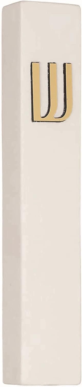 A&S Mezuzot Modern Concrete Mezuzah Case with Scroll, Easy Peel and Stick Mezuza (Ivory+ Gold Shin, 6 Inches)
