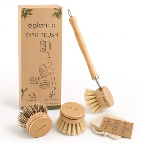 eplanita Natural Dish Brush, 3 Replacement Heads, Kitchen Eco Bamboo
