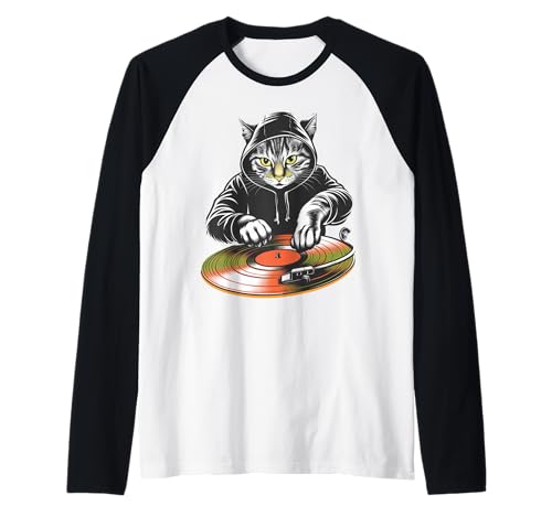 DJ Cat EDM Techno House Scratch Music, divertido amante de los gatos Camiseta Manga Raglan