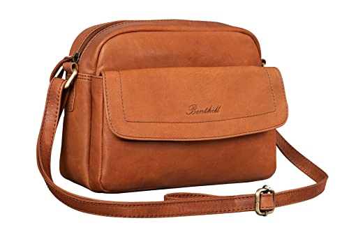 Benthill Damen Tasche aus Echt-Leder - Umhängetasche aus Rindsleder - Handtasche mit Reißverschluss - Vintage Frauen Schultertasche in Braun Cognac Cover