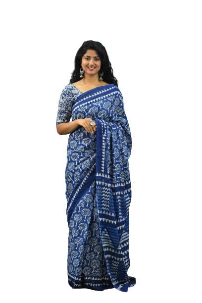 JALTHER Handicrafts Women's Ikat Hand Block Print Jaipuri Cotton Mulmul Saree with Blouse Piece