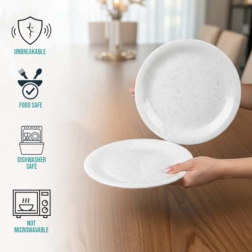 Image of Go Hooked 16-Piece Melamine Dinner Set | Speckled White Crockery with 4 Full Plates, 4 Quarter Plates, 4 Soup Bowls, 1 Large & 2 Small Serving Bowls + Serving Spoon | Break-Resistant & Keeps Food Warm