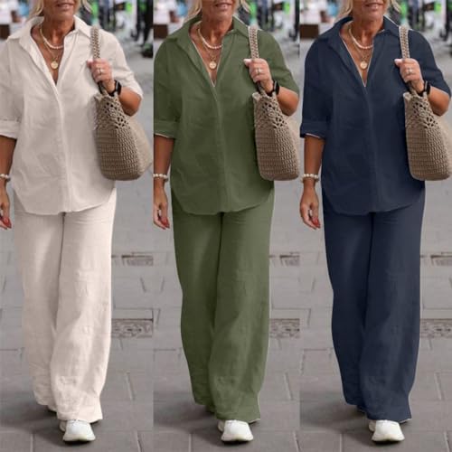 Women's Plus Size Linen Two Piece Outfits Long Sleeve Button Down Shirt Lounge Sets Loose Long Pants Tracksuits3