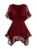 ROSE GAL Women's Plus Size Flower Lace T-Shirt Curve Flower Lace Insert Criss Cross Batwing Sleeve Handkerchief Top(Red/2X)