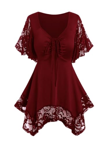 ROSE GAL Women's Plus Size Flower Lace T-Shirt Curve Flower Lace Insert Criss Cross Batwing Sleeve Handkerchief Top(Red/2X)