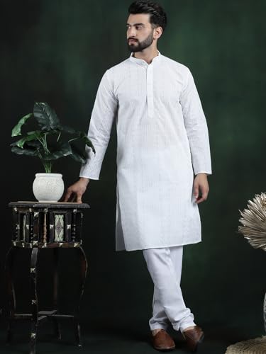 Image of SOJANYA (Since 1958 Men's Pure Cotton Checked Embroidered Long Kurta | Traditional for Diwali Celebrations