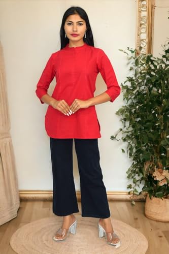 Image of JAIPUR HAND BLOCK Women's Pintuck Plain Short Cotton Kurti|Top STYLE-S91