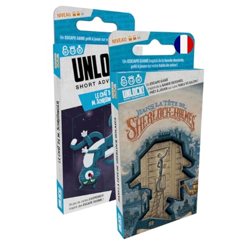Asmodee - UNLOCK! Short Adventure : Dans la Tête de Sherlock Holmes + Le Chat de M. Schrödinger - Jeu Escape Game Enfant et Adulte - Jeux de Cartes à partir de 10 Ans, Version Française, Space Cowboys