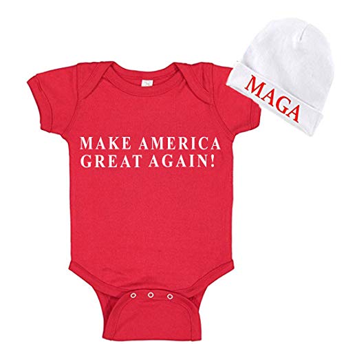 Image of Donald Trump Make America Great Again Baby Bodysuit and MAGA Rib Cap (6 Month, Red)