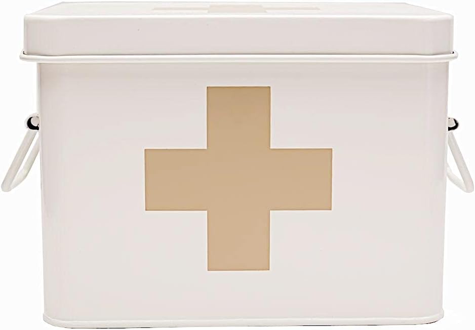 Lassos Boutique Retro Enameled First Aid Box for Medicine Storage and Home Decor with Lid and Removable Tray